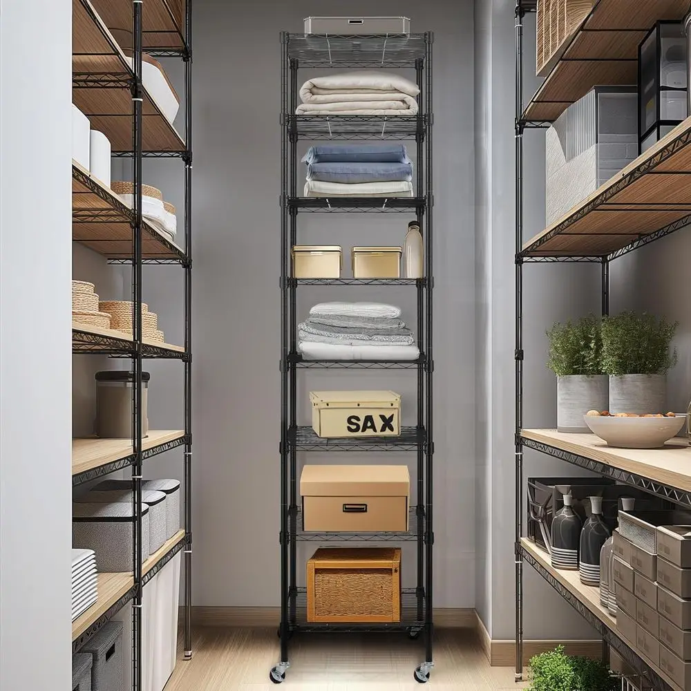 Industrieel rollend draadrek met 8 niveaus, 18x18x78,7, robuust verstelbaar metalen opbergmeubel, NSF-gecertificeerd, zwart