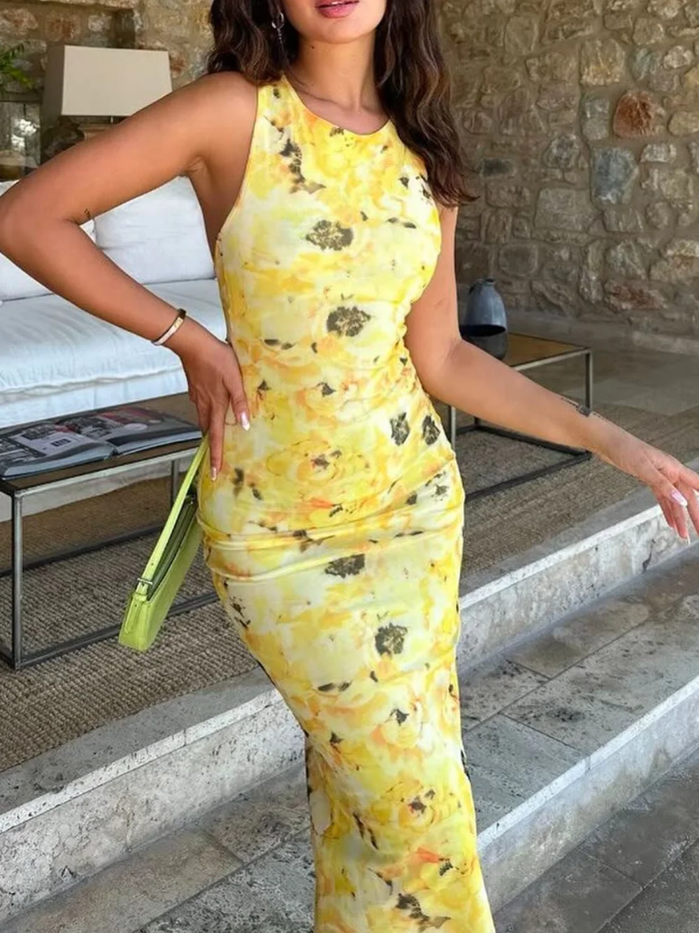 

Women's 2024 summer new fashion beach holiday style flower print mesh dress chic backless sleeveless long dress Muje