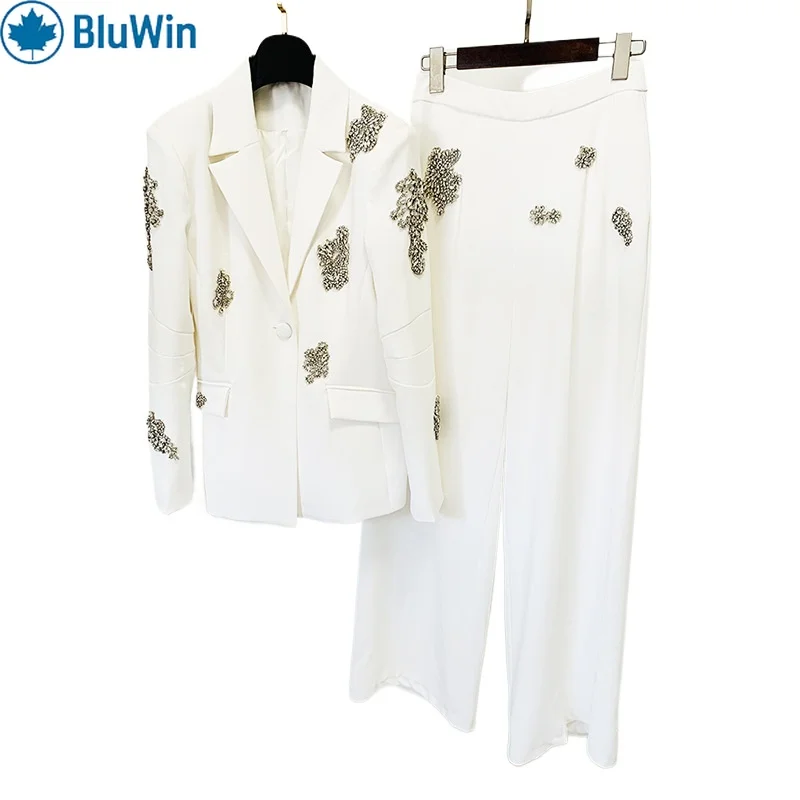 

BluWin Elegant White Two-Piece Set – Crystal Embellishments on Blazer and Pants for a Chic, Sophisticated Look
