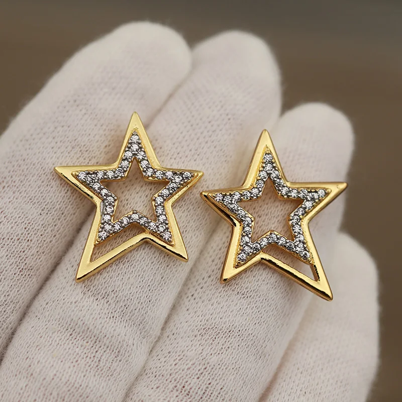 New Sight Design Luxury Zirconia Star Stud Earrings for Women Fashion Brand Brand Jewelry Hollow Geometric Earrings