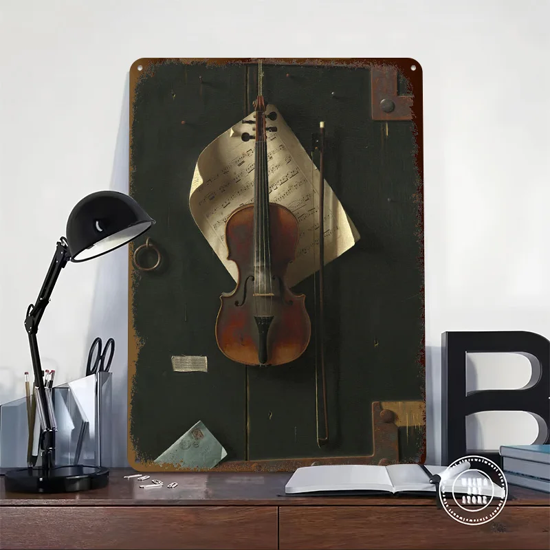 Violin and Sheet Music Tinplate Poster Custom Wall Art Vintage Metal Signs Retro Tin Plaque for Bedroom Decoration Room Man Cave