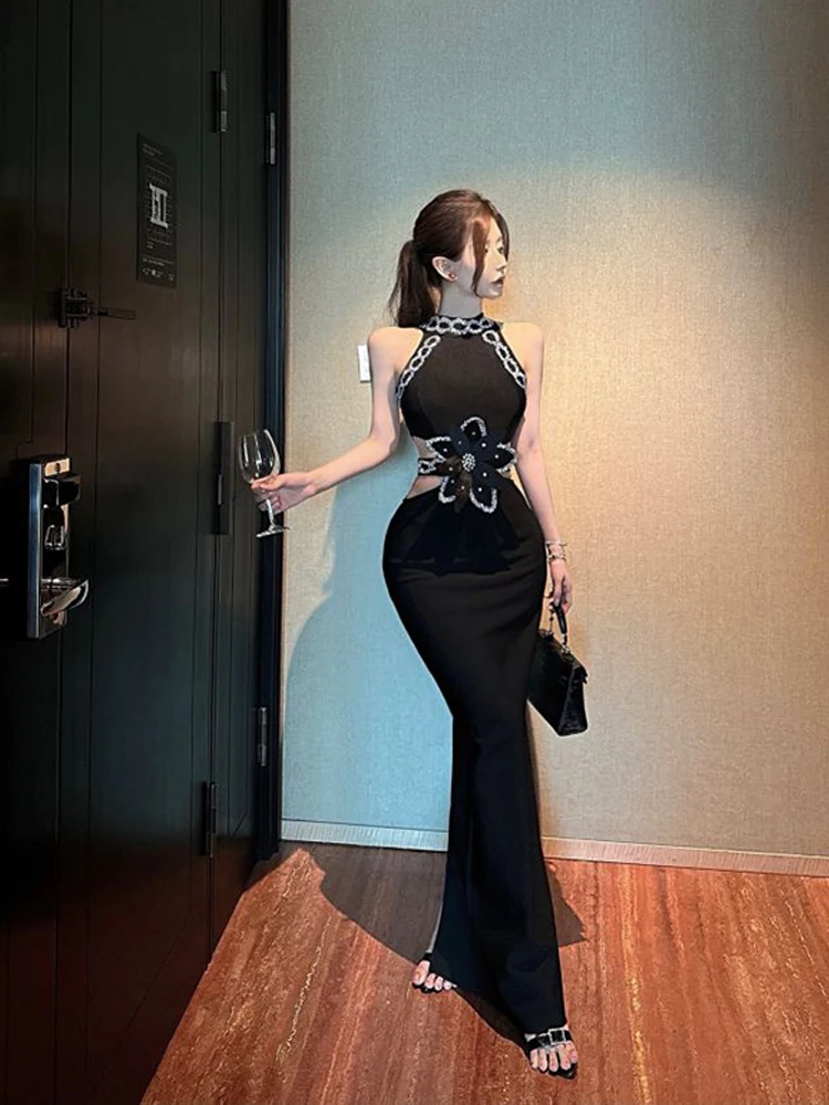 2024 Summer Elegant Temperament Sleeveless Off Shoulder Nail Drill Tight Dress Women Cinching Waist Slim Long Dress