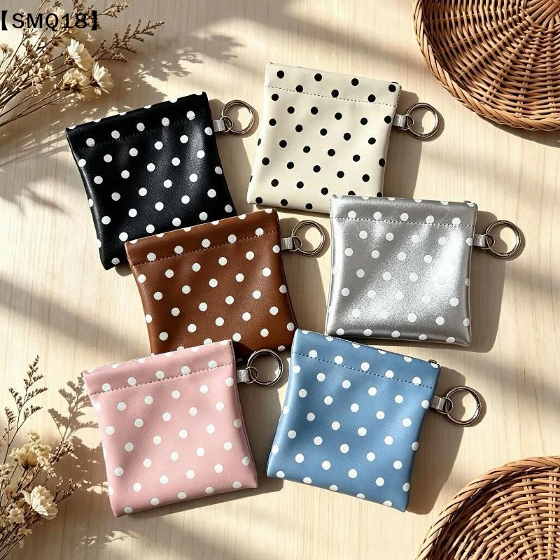 PU Leather Spring-loaded Polka Dot Coin Purse With Key Ring Compact Design For Storing Coins Cards Keys Daily Use【SMQ】