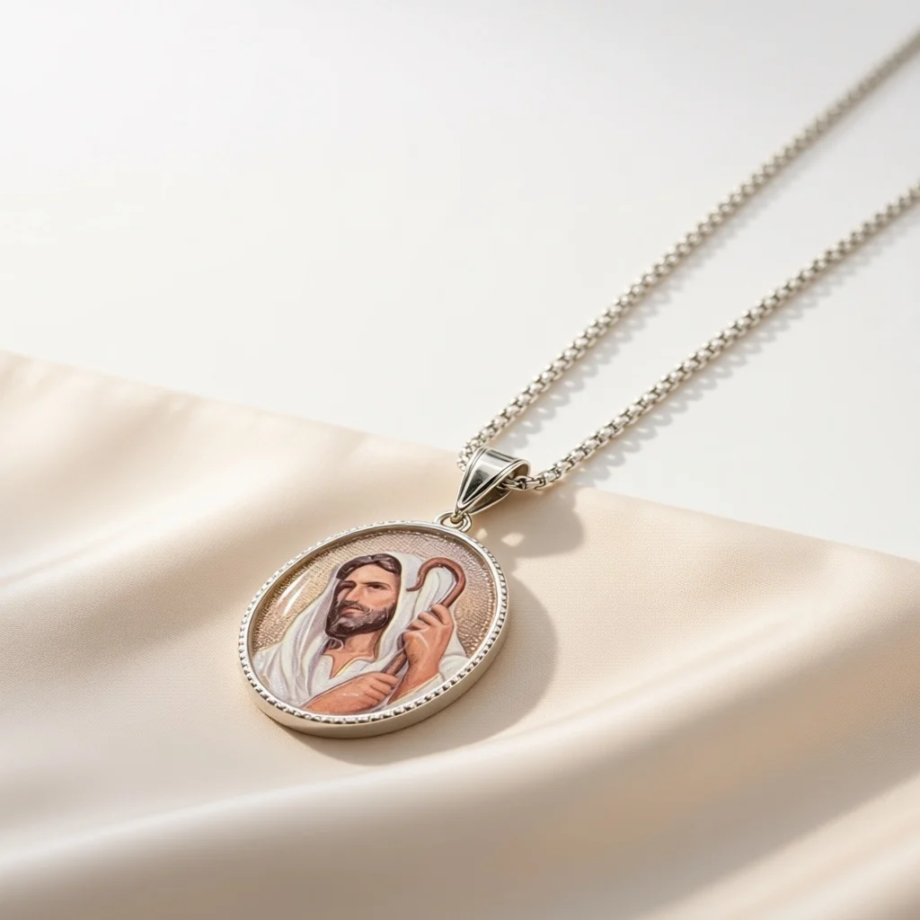 Good Shepherd Jesus Round Medal Pendant Necklace Silver Twisted Chain Christian Religious Jewelry Gift For Faithful Believers