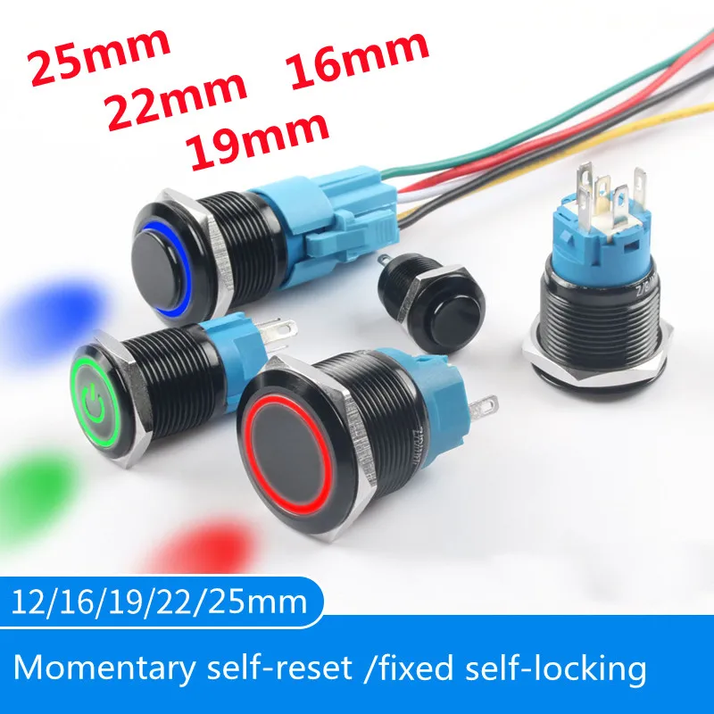 

16/19/22/25mm Waterproof Metal Push Button Switch LED Light Momentary Latching Car Engine Power Switch 5V 12V 24V 220V Red Blue