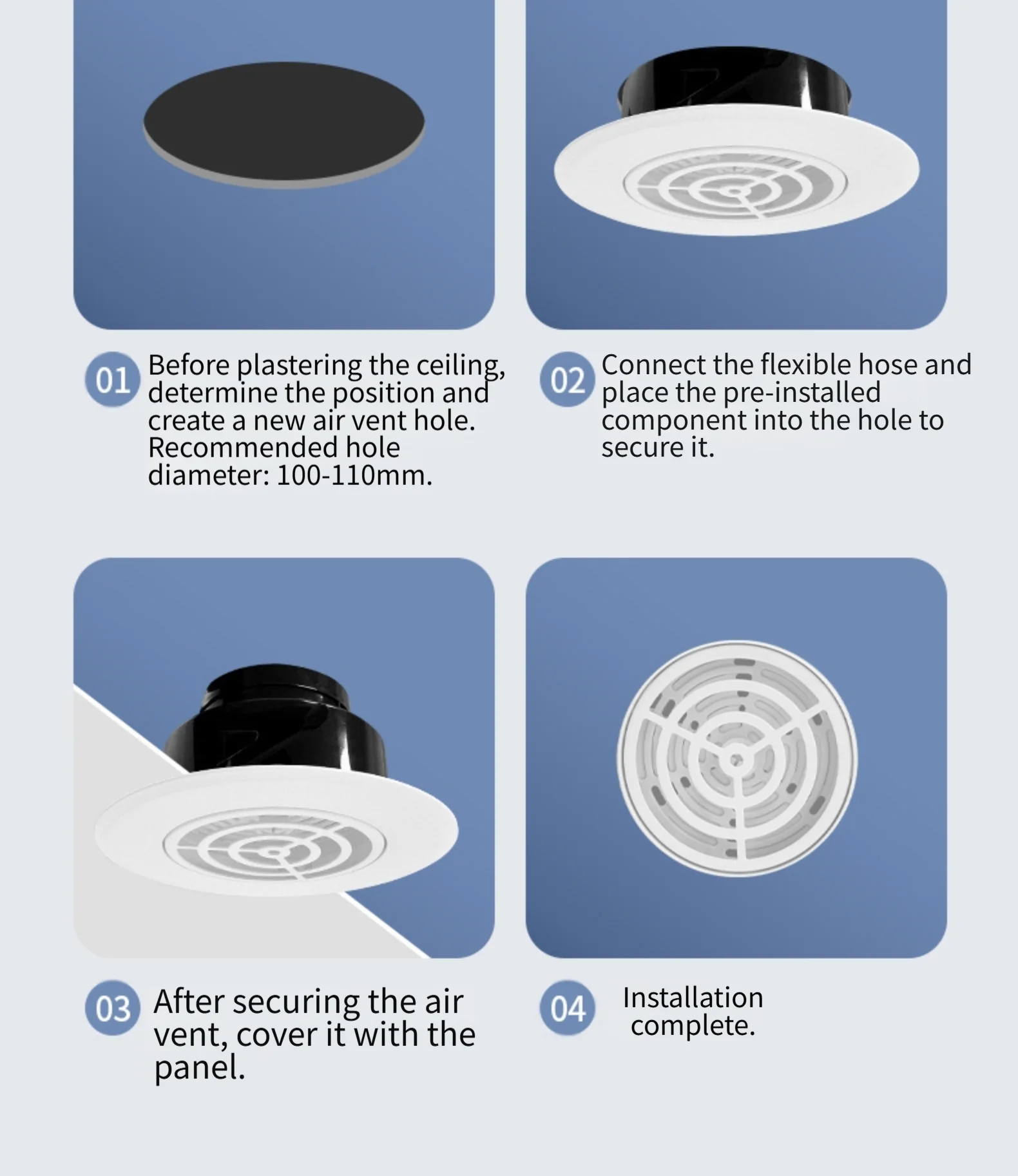 Adjustable Round ABS Grille for Ventilation Outlets Compatible with Both For Ceiling and Wall Based HVAC Air Delivery Paths