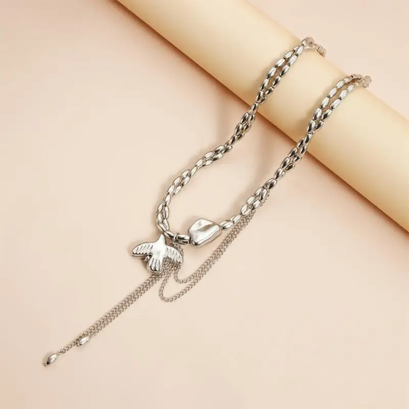31BF Lightweight Resin Alloy Necklace Double Layer Pigeons Pendant And Tassels Accessory Adjustable Length Neckchain