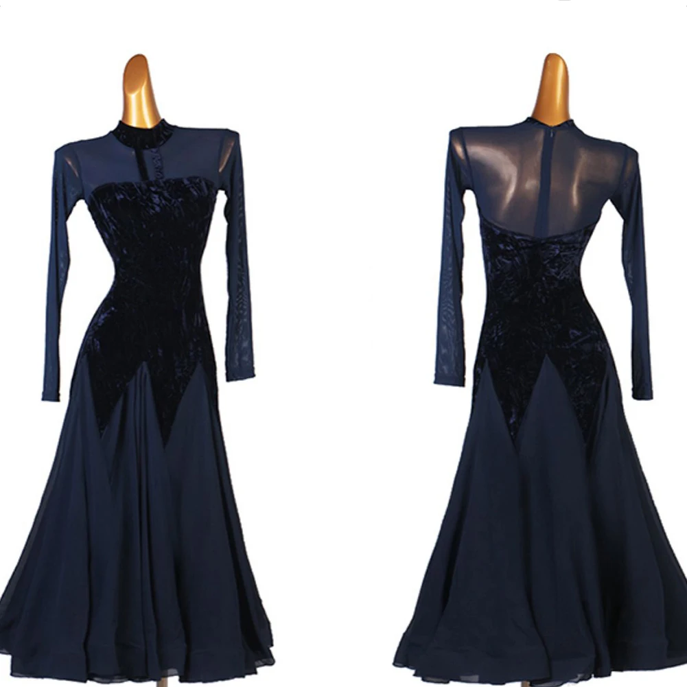 

Women's Royal Blue Performance Suit Black Ballroom Dance Long Sleeve Standard Navy Blue Competition Suit Velvet High Neck Dress