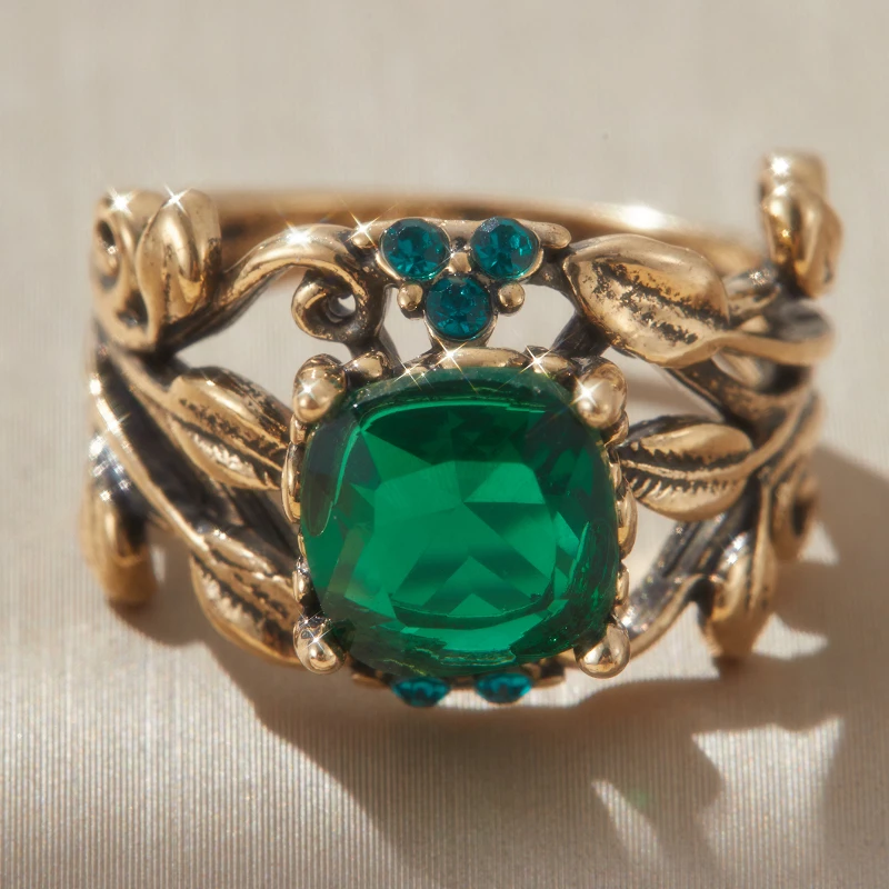 1 قطعة خاتم تصميم أوراق الذهب اللون للنساء مع مربع الأخضر مكعب زركونيا الجمالية الإناث حفل زفاف مجوهرات العصرية