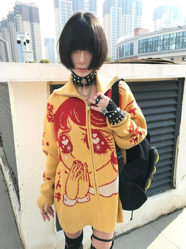 Japanese Kawaii Cartoon Girl Print Sweaters Loose Y2k Women Streetwear Harajuku Coats Grunge Casual Vintage Knitted Cardigans