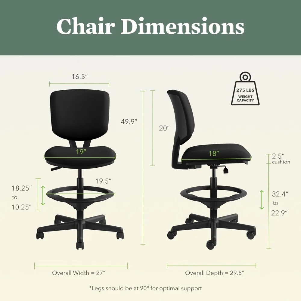 Silla de oficina de tela con reposapiés, sin brazos, ergonómica, reclinable y inclinación central