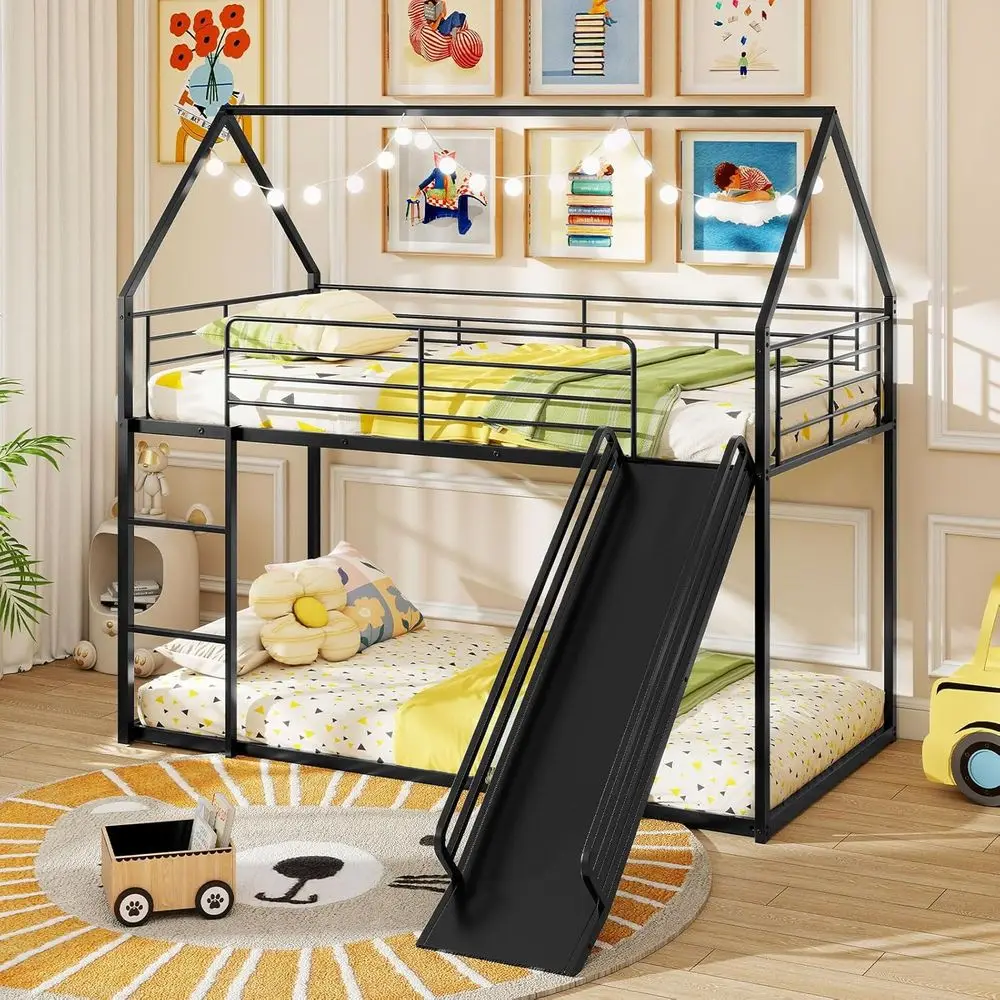 

Twin Bunk Bed with Slide, Ladder, and Safety Rail - House-Shaped Metal Frame, Suitable for Kids, No Box Spring, Black