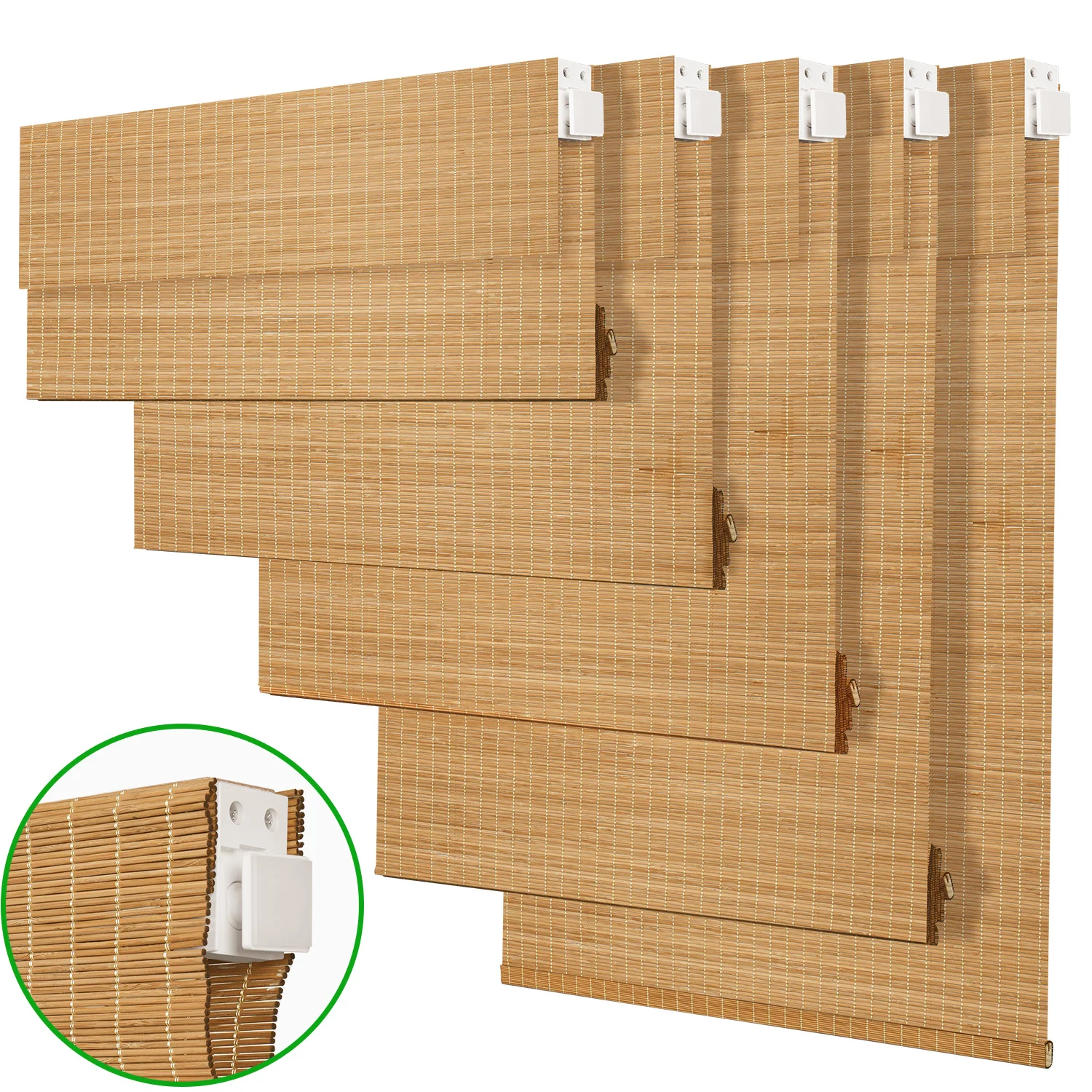 No Drill Window Blinds Cordless Outdoor Bamboo Roman Blinds, Light Filtering Shades, Pull Down Free-Stop Privacy Bamboo Curtains
