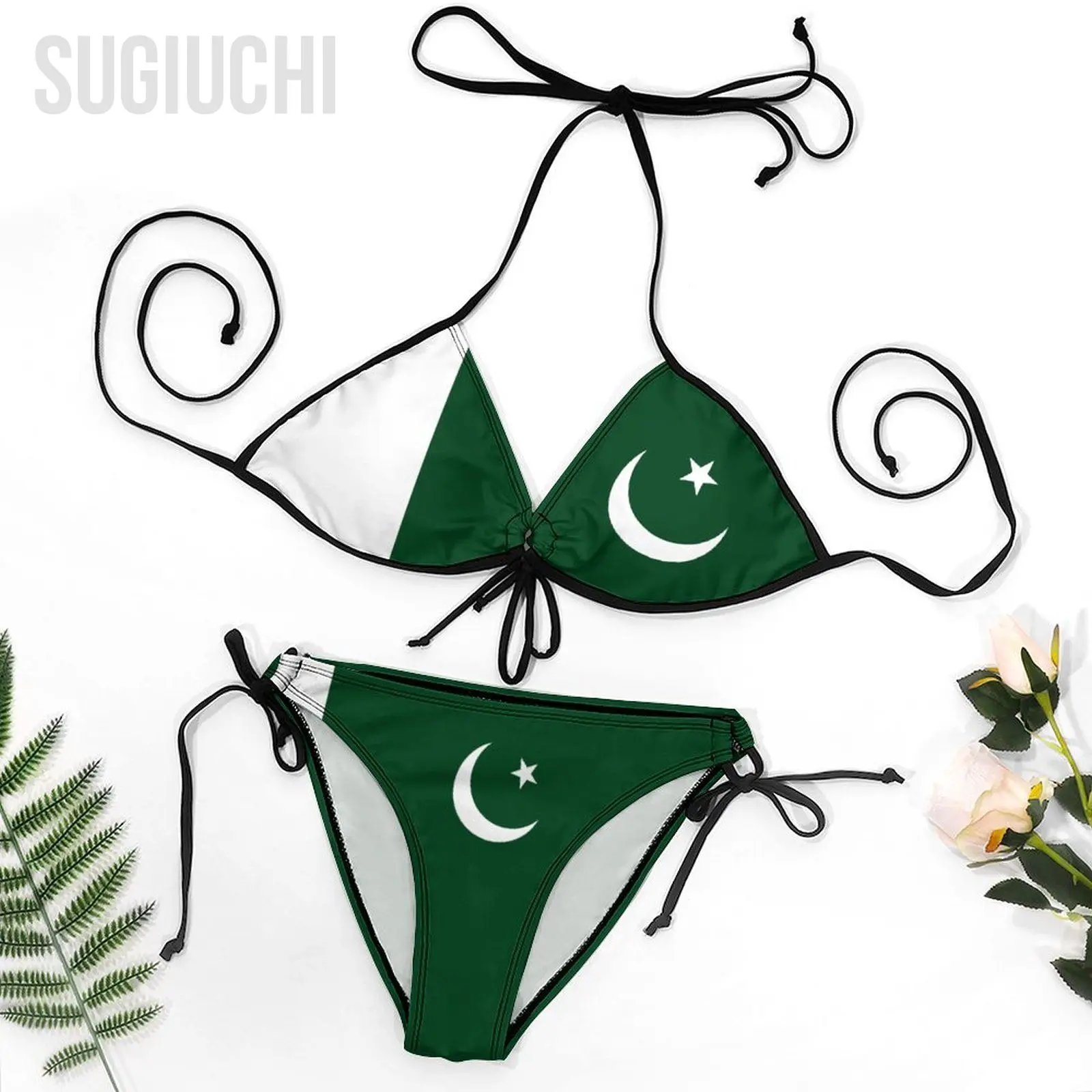 Women Pakistan Flag Bikini Swimsuit Sets Three Point Beachwear Swimming Bathing  Beach Party Suits