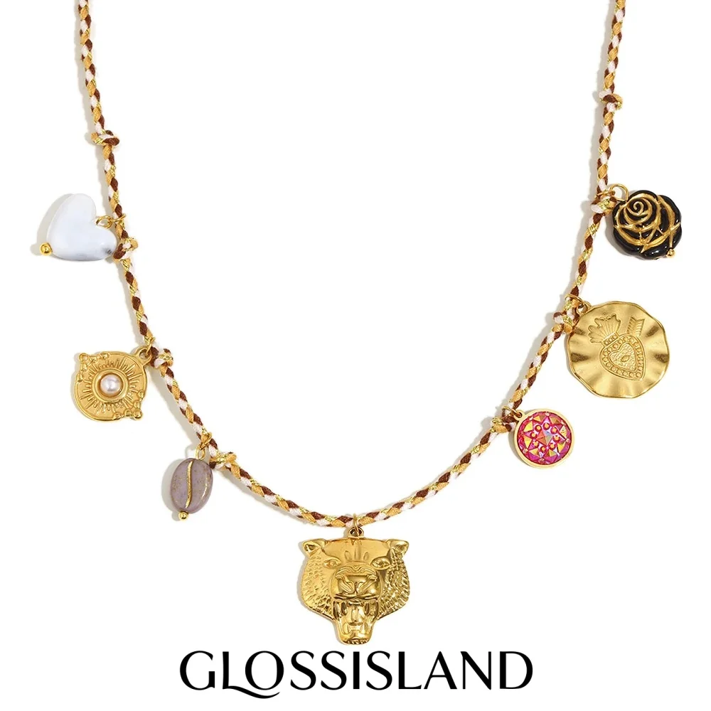 

Glossisland Golden Leopard Head Necklace for Women Beaded round Peach Heart Colored Rope Jewelry Gift