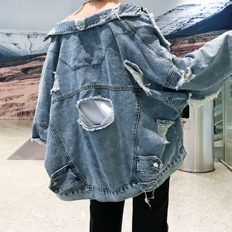 Denim Jacket Y2K Fashion Ripped New Outerwear Streetwear Hip Hop Broken Hole Jackets for Women Women\'s Jeans Jacket