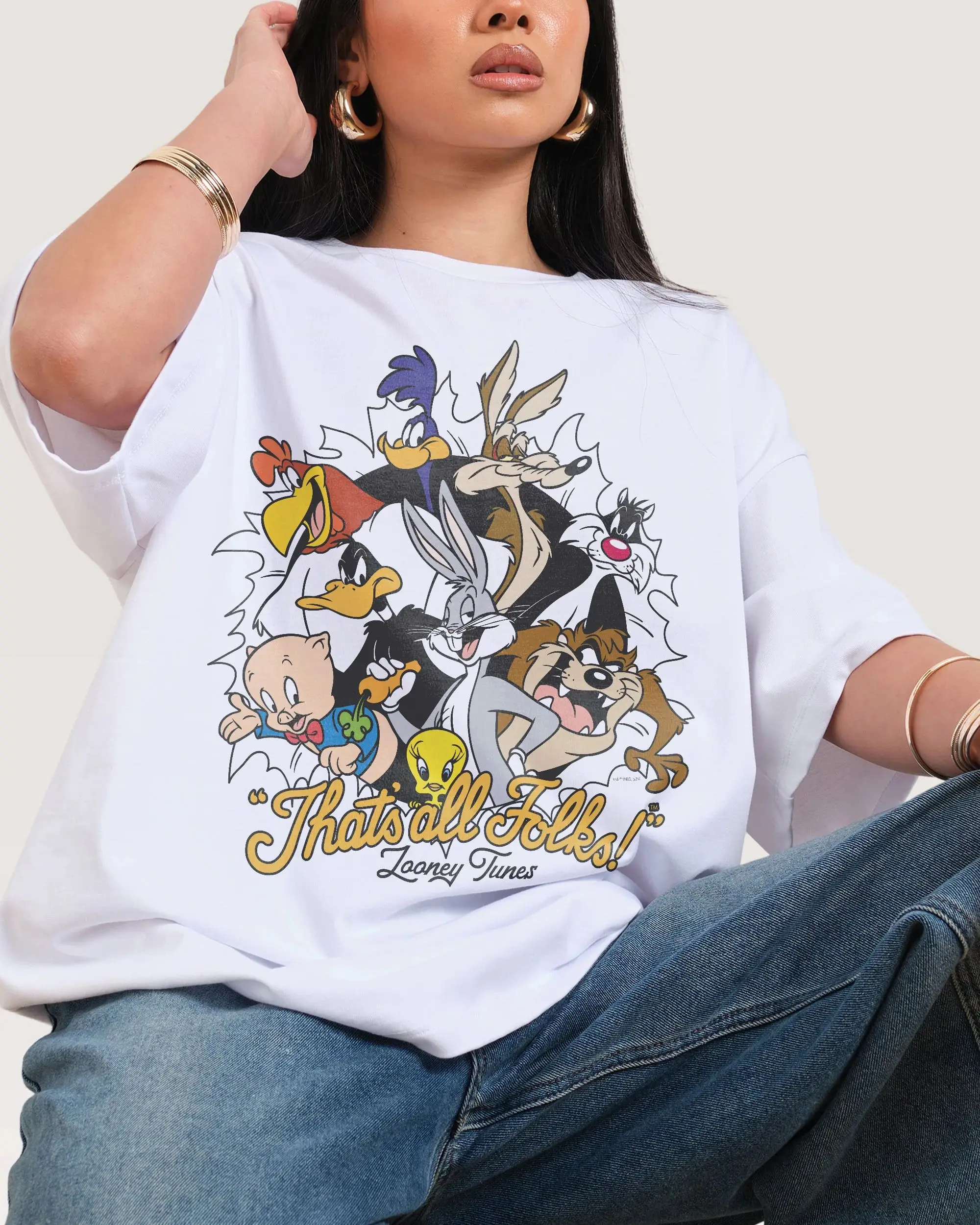 

Women's T Shirt Women's Sports T Shirt Looney Tunes Bugs Bunny Daffy Duck Taz Tweety Cartoon Group Print on White Cotton Tee