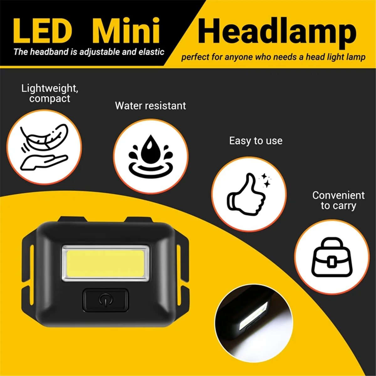 ABZV-Cob Mini faro Led para cabeza, 3 modos, linterna frontal a prueba de lluvia, linterna para cabeza para acampar al aire libre, pesca, color negro