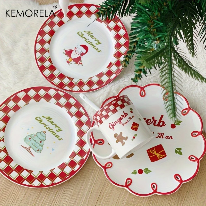 Christmas Ceramic Plate Cups Platter Serving Fruit Tray Porcelain Dish Dinner Appetizer Dessert Candy Snack Salad Dinnerware Set