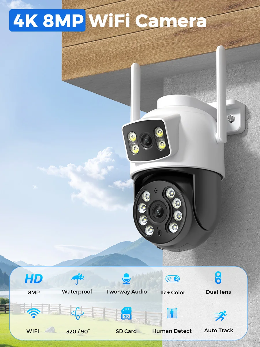 BESDER 8MP IP Camera PTZ Auto Tracking Night Vision Outdoor Security Protection Wifi CCTV Surveillance Camera Dual Screens iCSee