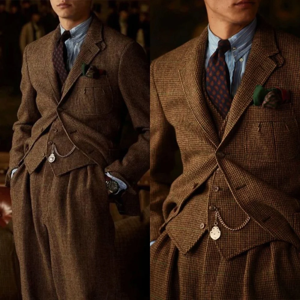 

Italian retro Plaid suit 3pc set Man Suit Jacket Suit Pants Suit Vest Outdoor sports casual men Blazer straight leg pants set