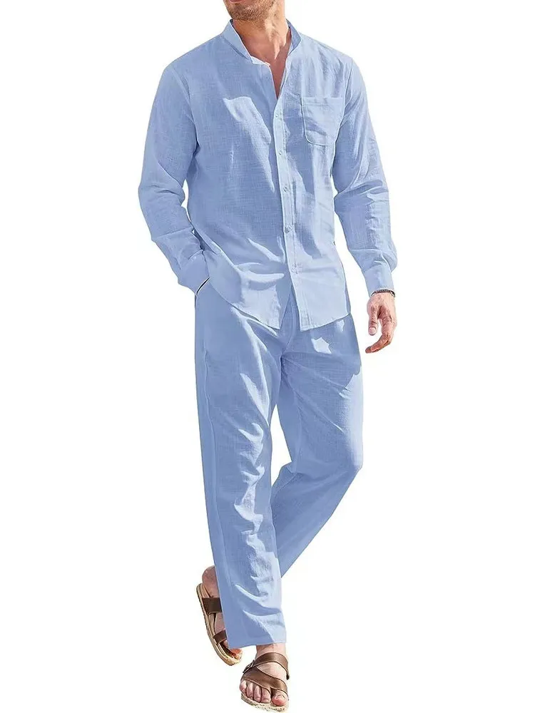 

Summer Men's Casual Spor Linen Set Long Pants Long Sve Beachwear Two-Piece Suit Loose Fit T-irt And orts Outfit