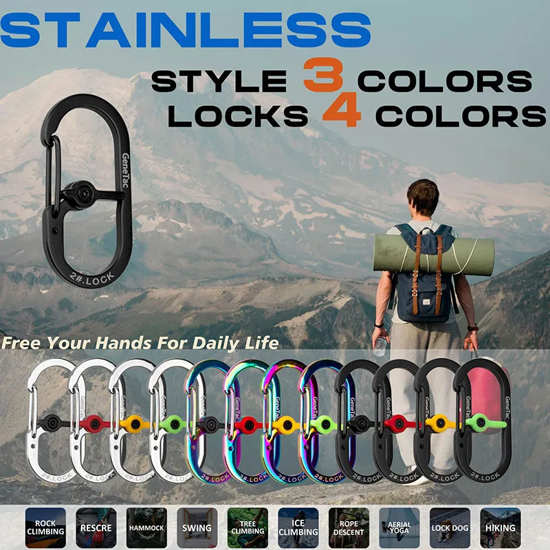 Stainless steel prevent lose Hanging buckleLockable Keychain travel outdoor Anti-theft Safety buckle Camping Carabiner