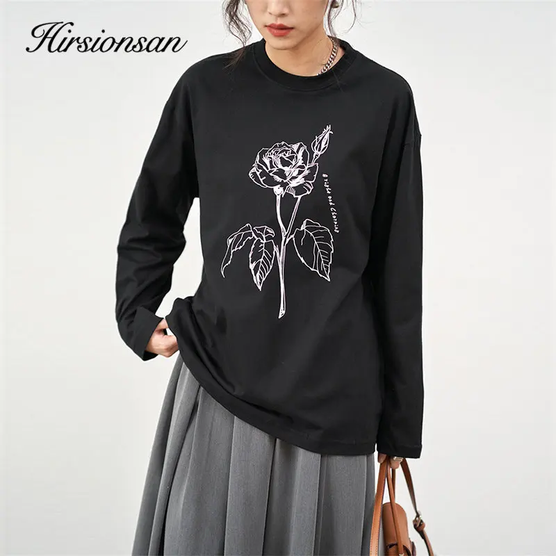 

Hirsionsan Spring Long Sleeve Simple Line Printed T-shirts Women Leisure O-neck Pullover Female Summer New Cotton Base Jumpers