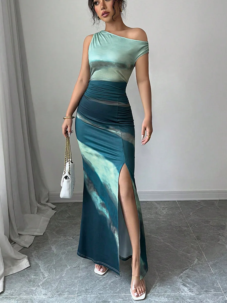 

Summer Sleeveless Dress Slant Shoulder Print Slim-Fit One-Step Dress Women Vestidos