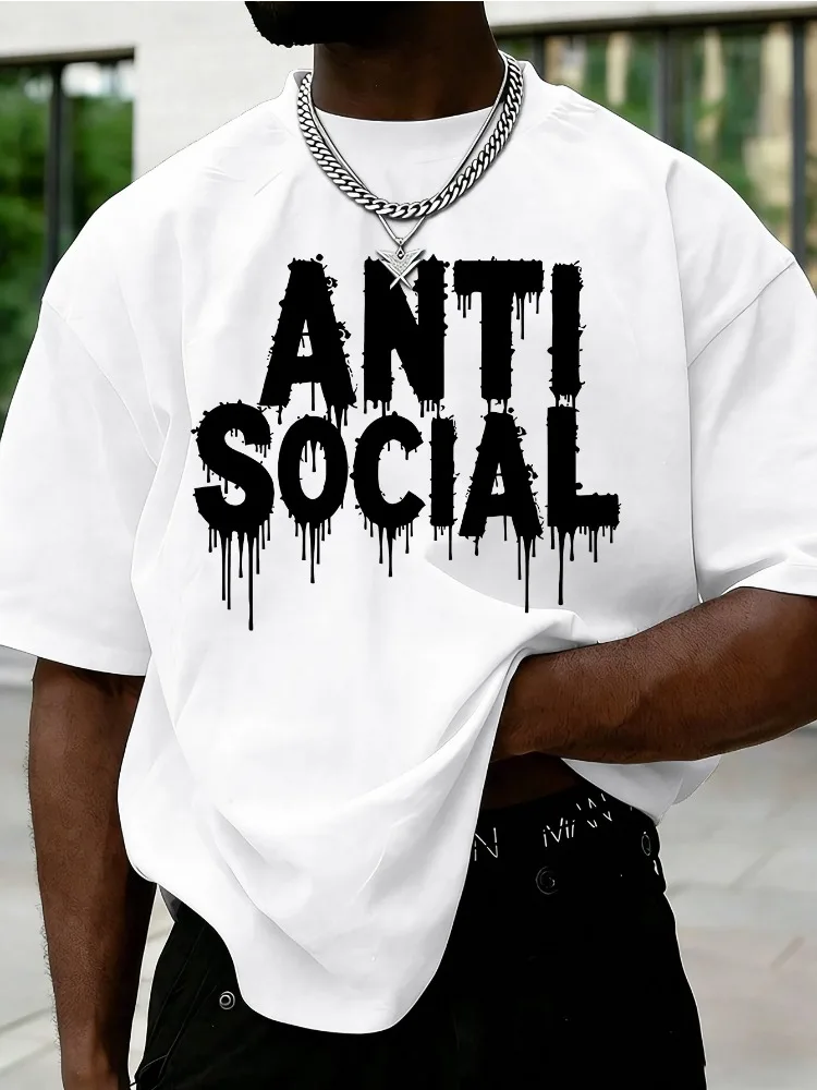 Mens Light Green Oversized T Shirt Anti Social Drip Letter Print Crew Neck Short Sleeve Hip Hop Streetwear Casual Summer Tops