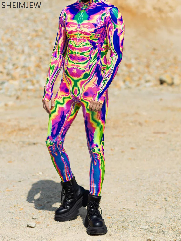 

Unisex Colorful Art Distorted Print Jumpsuit Halloween Cyberpunk Bodysuit Festival Party Morphsuit Rave Catsuit Aerial Yoga Suit