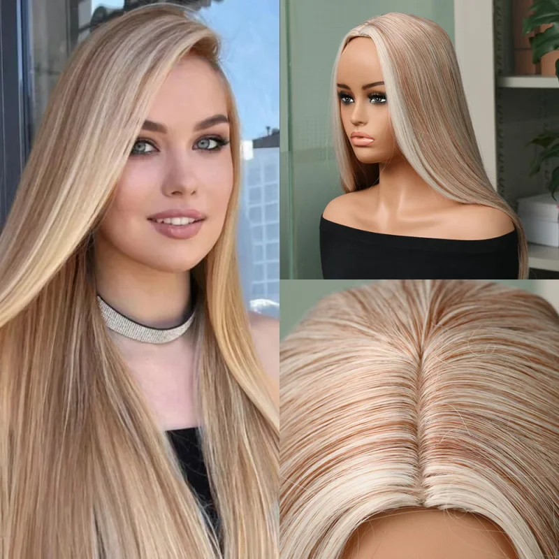 

Long Straight Blonde Wig, Elegant Ombre Brown to Blonde, Heat-Resistant Synthetic Hair with Rose Net Cap, Seamless Natural