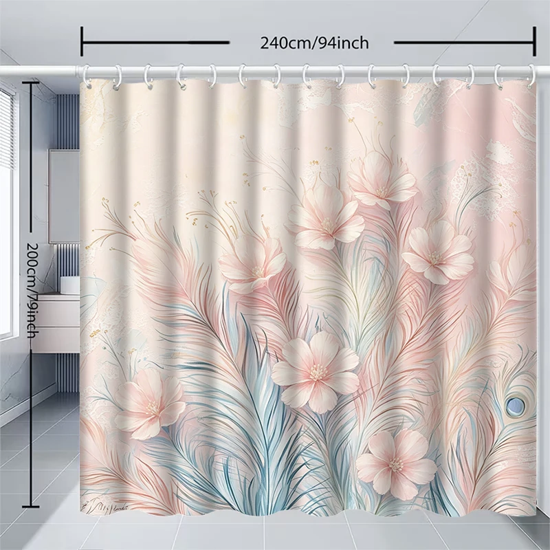 1pc feather flower shower curtain with metal grommets, polyester bath curtain widow curtain bathroom decor & accessories