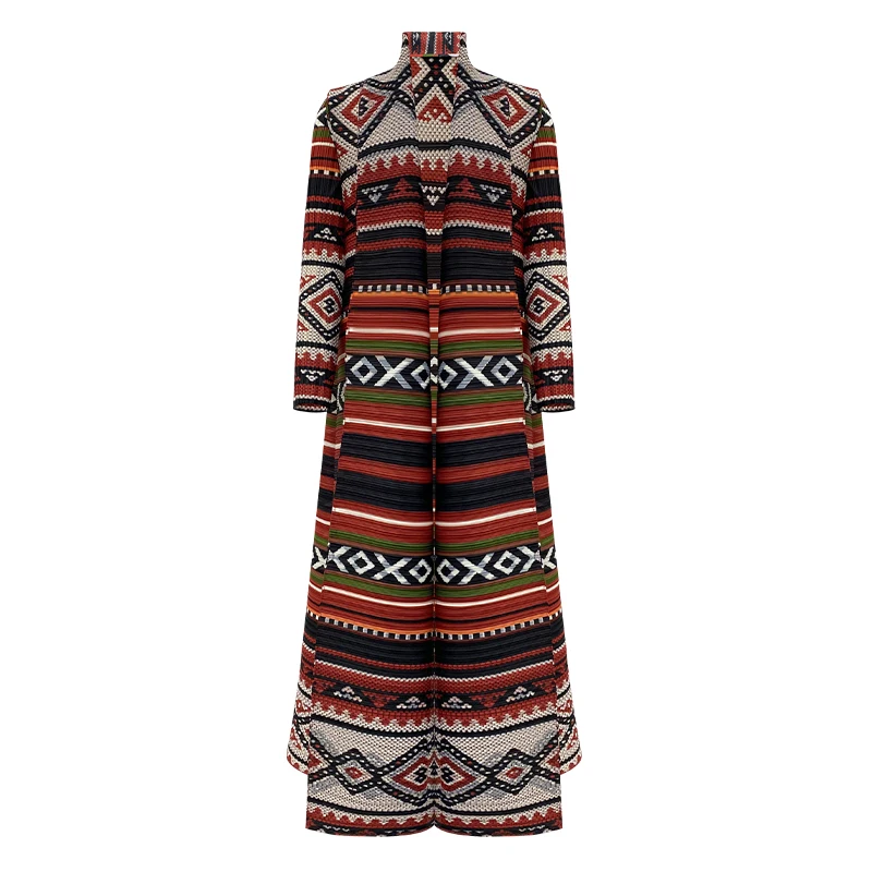 

YEZOER Miyake PleatedVintage Printed Turn-down Collar Long Sleeve MixWomen Coat Woman Winter 2024 New Dubai Style Plus Size Coat