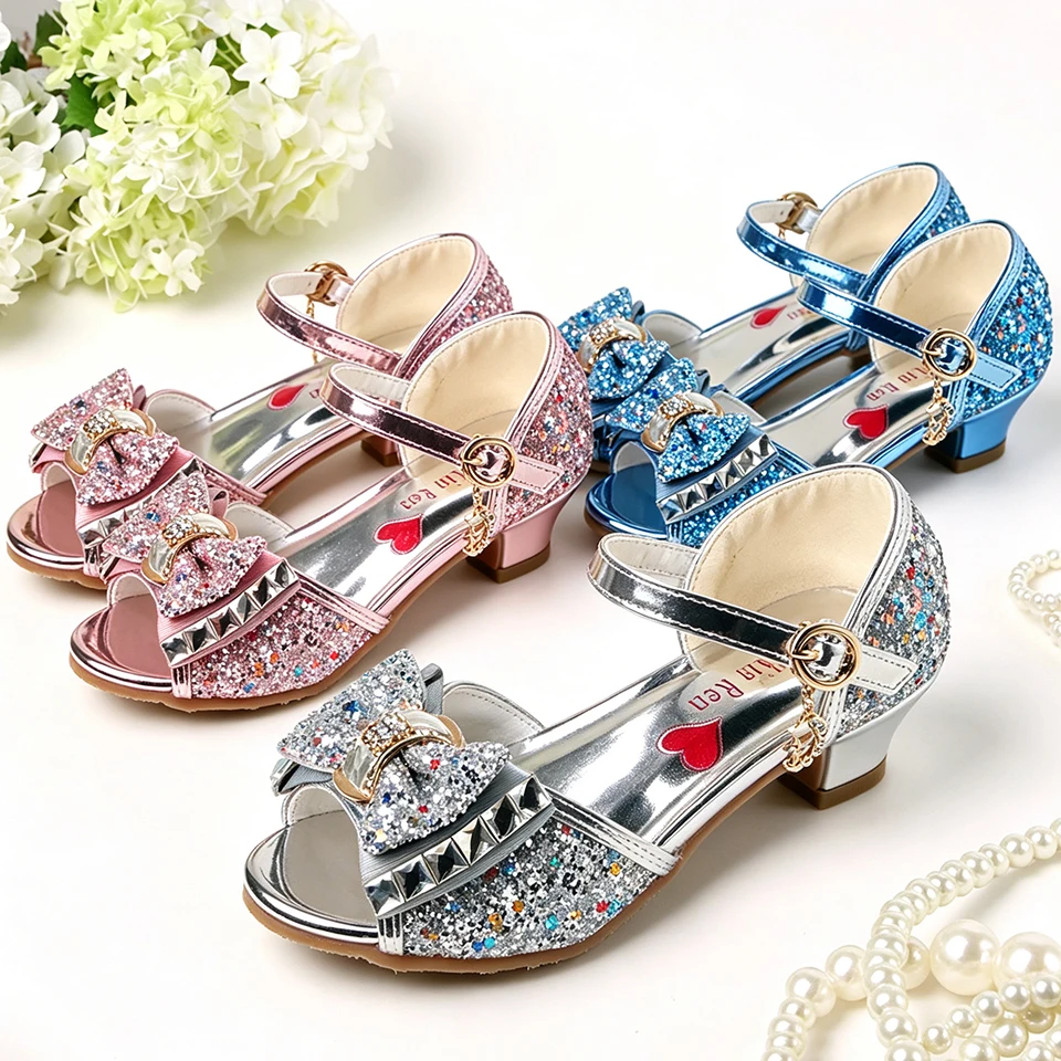 Sparkling Girls Glitter Princess High Heel Sandals Pageant Contest Halloween Cosplay Elegant Party Summer Fancy Children's Shoes
