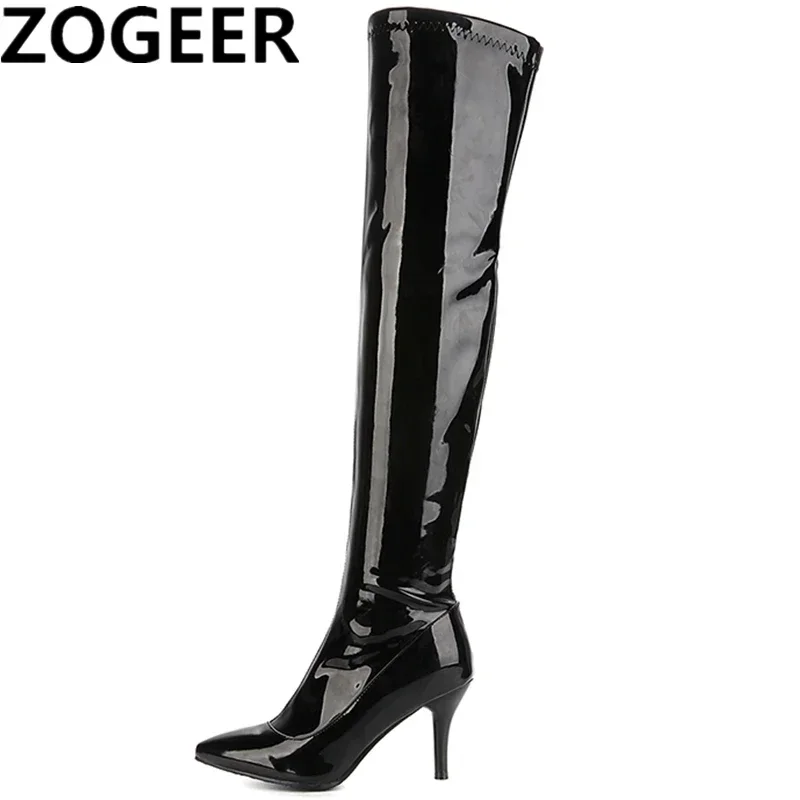 Women's Thigh High Boots Red White Black Fashion OverKnees Boot Patent Sexy Zipper Nightclub Dance Lady Long Shoes Big Size 48