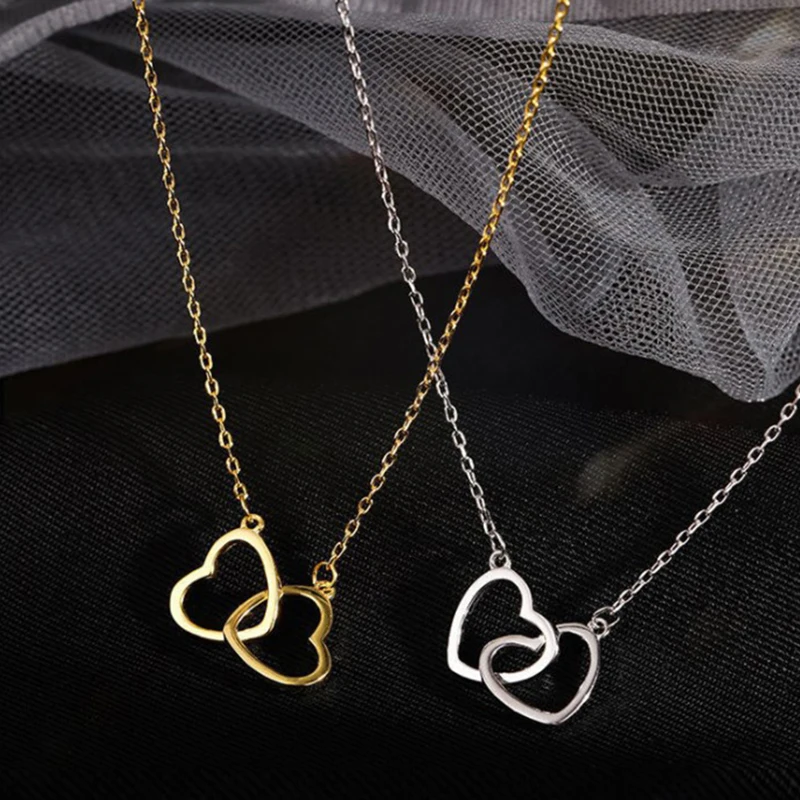 Fashion Double Ring Heart Simple Collarbone Necklace Ladies Niche Design Double Ring Heart Necklace