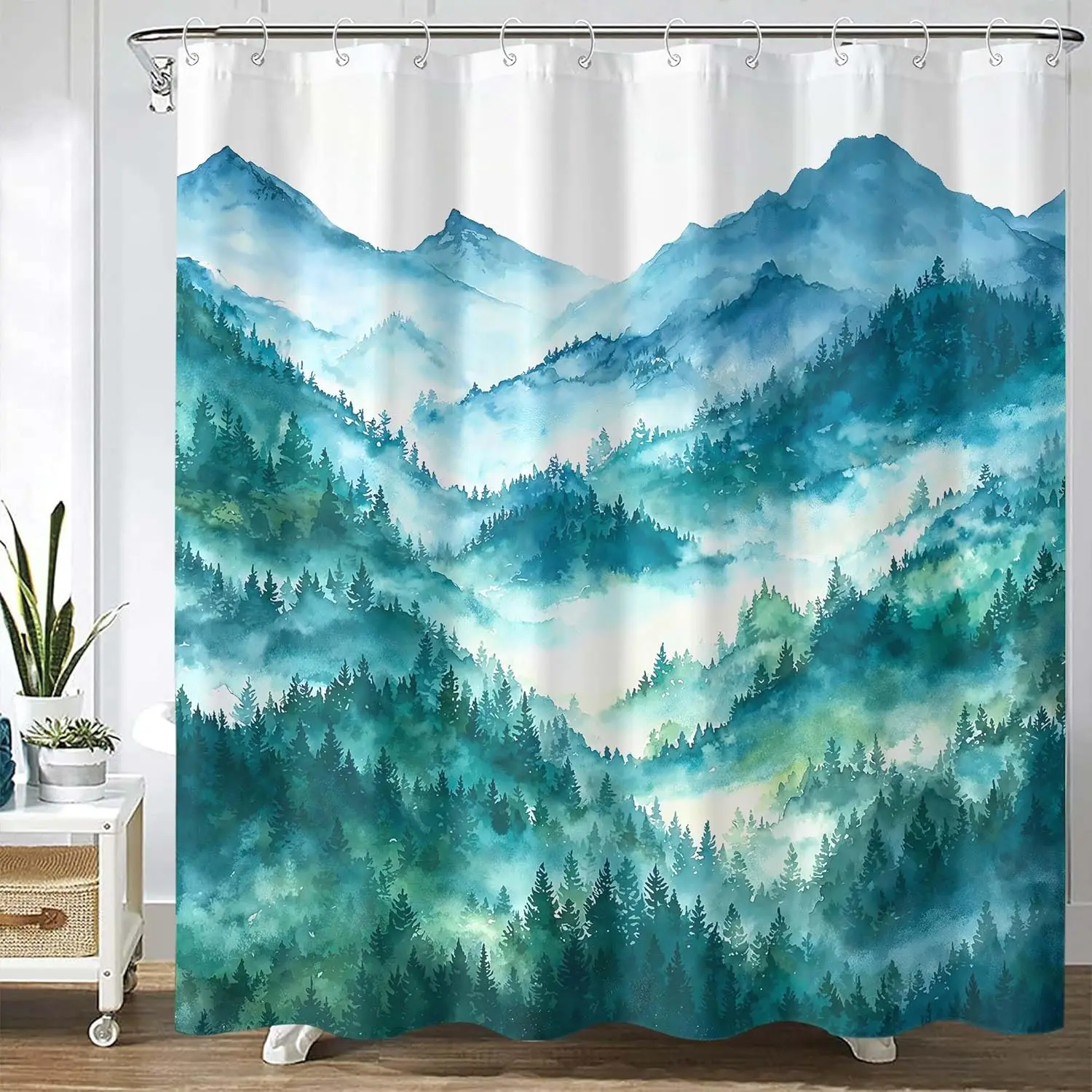 

Занавеска для душа с изображением горного леса, акварельный принт, декор для ванной комнаты, настенное украшение