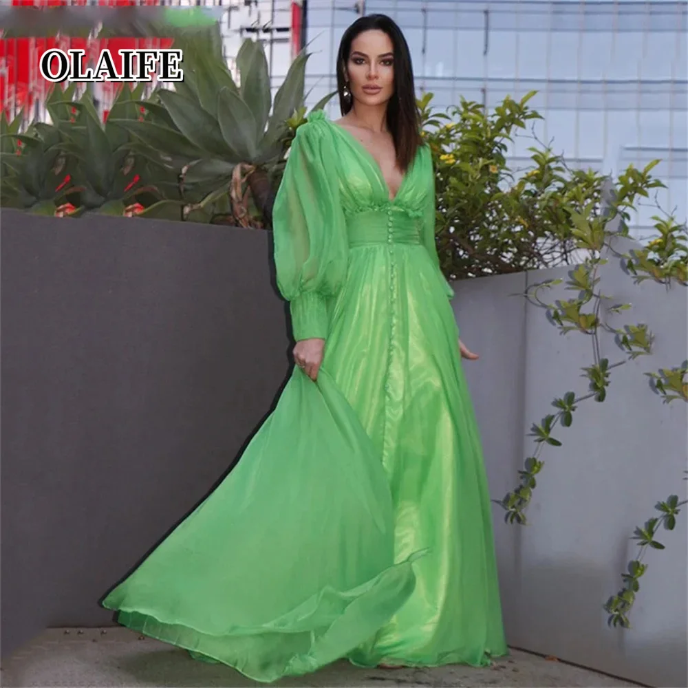 

A-Line Elegant Mint Evening Dresses Ruffles V-neck Evening Gown Long Sleeves Prom Dresses Button V Neck vestidos de fiesta