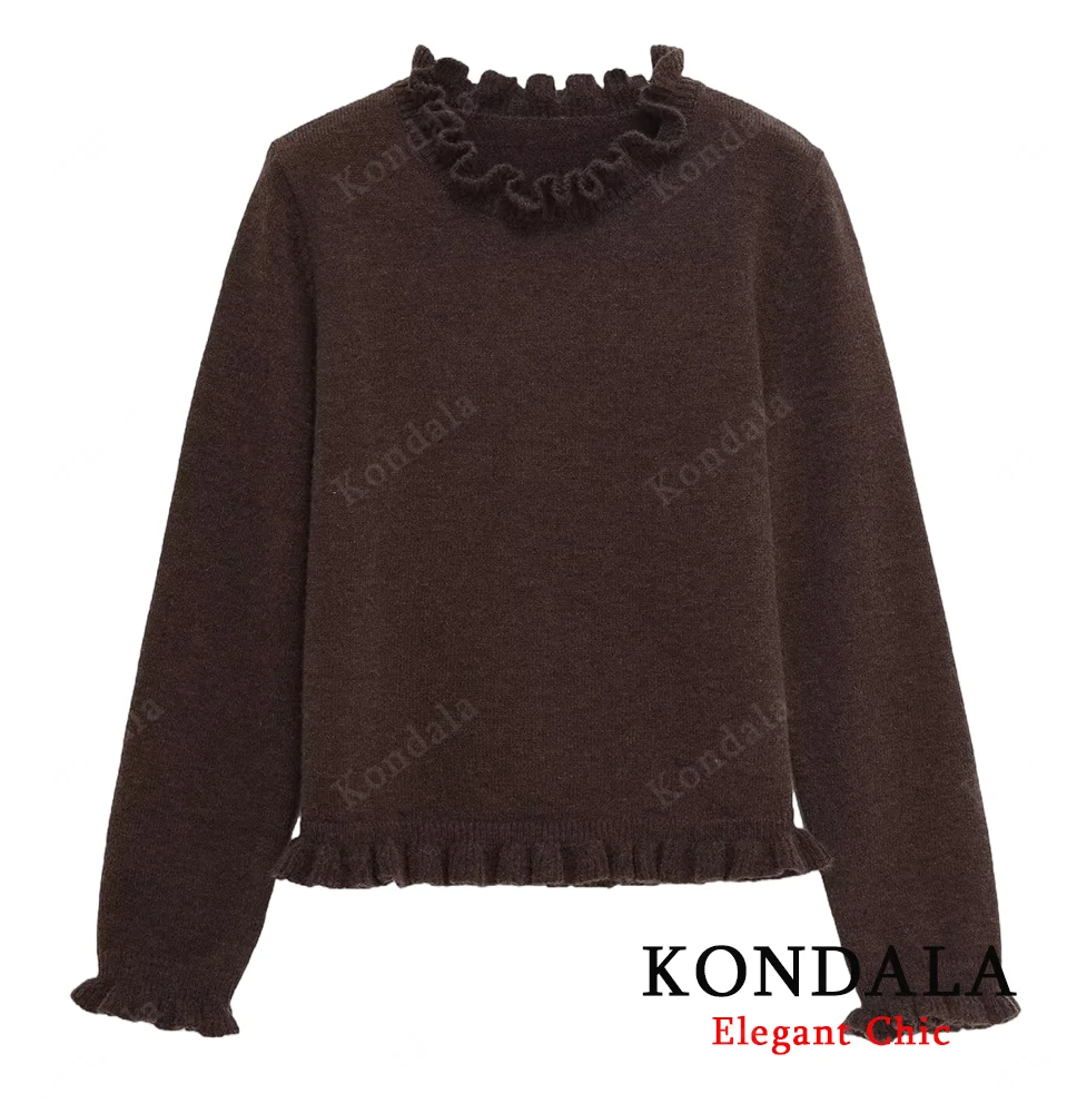 

KONDALA свитер с рюшами и воротником, женские осенние вязаные топы, элегантный тонкий свитер, модный простой повседневный женский винтажный свитер 2025 года