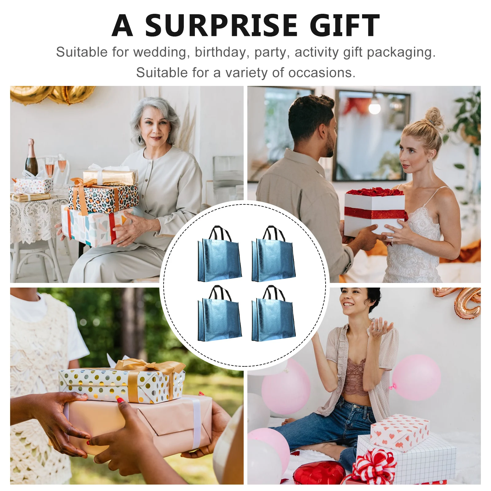 

4Pcs Non Woven Bags Reusable Gift Wrapping Packing Grocery Tote Wedding Dessert Bread Storage Travel Camping Picnic Self Driving