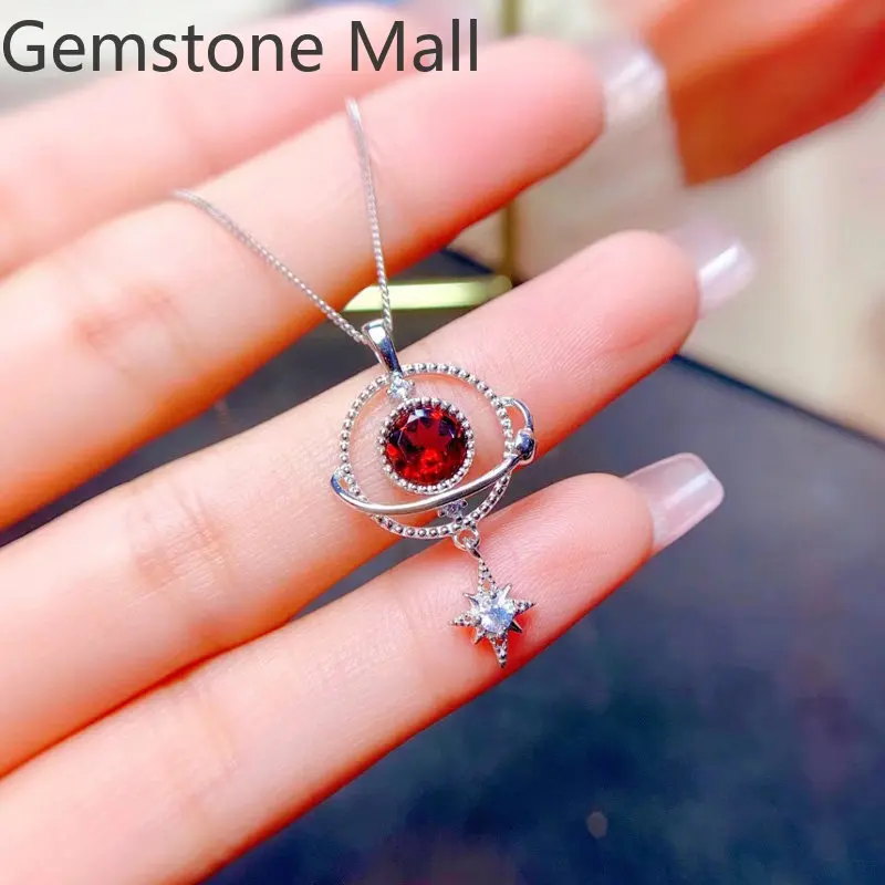 Design Style 925 Silver Gemstone Jewelry Set for Young Girl 6mm VVS Grade Natural Garnet Ring and Pendant with Gold Plating