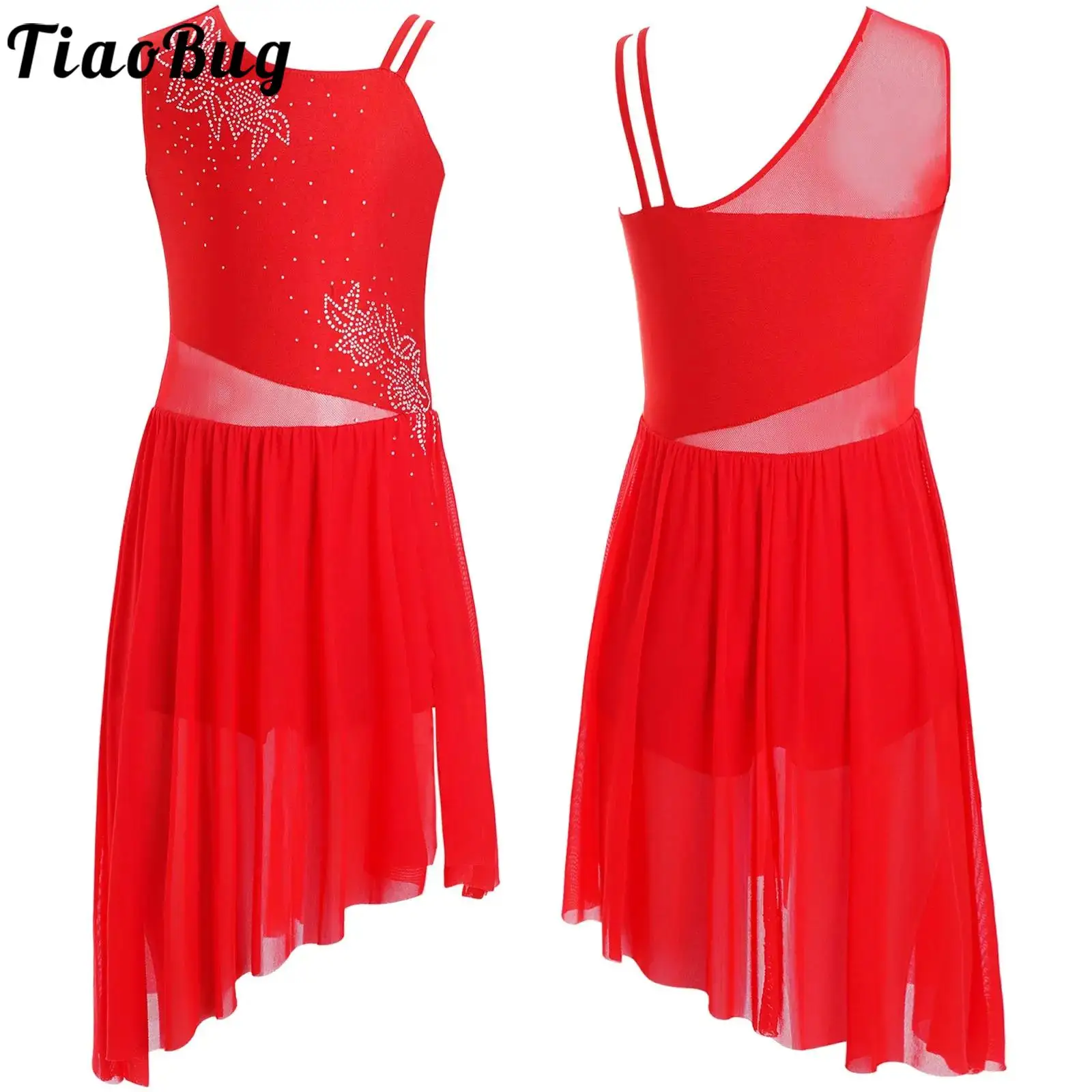 

Kids Girls Lyrical Dance Dresses Sleeveless Rhinestones Flower Pattern Side Slit Mesh Dress Ballet Modern Skating Dancewear