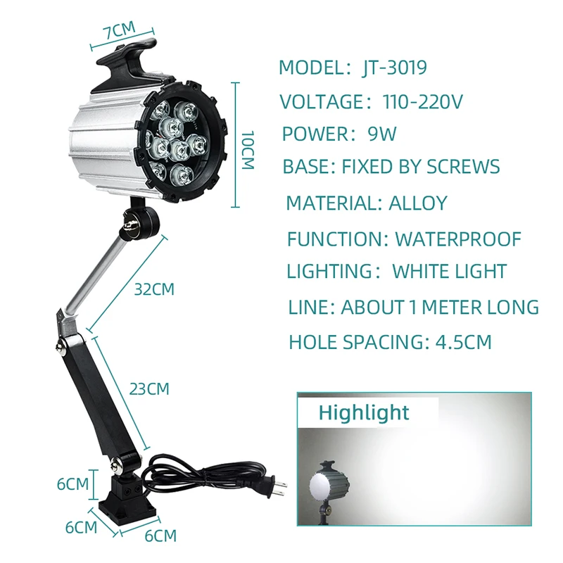 Impermeável Industrial Lâmpada LED, Braço Longo, Óleo, à Prova de Poeira, Base Fixa, 9W, 110-220V, Fresagem, CNC Machine Tool, Luz para Reparação e