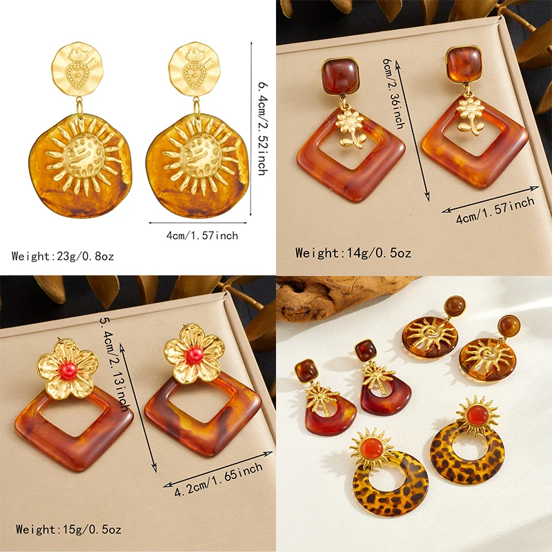 DIEYURO 316L Stainless Steel Golden Flower Sun Geometric Resin Amber Pendant Earrings Lady Autumn Winter Ear Studs Jewelry Gift