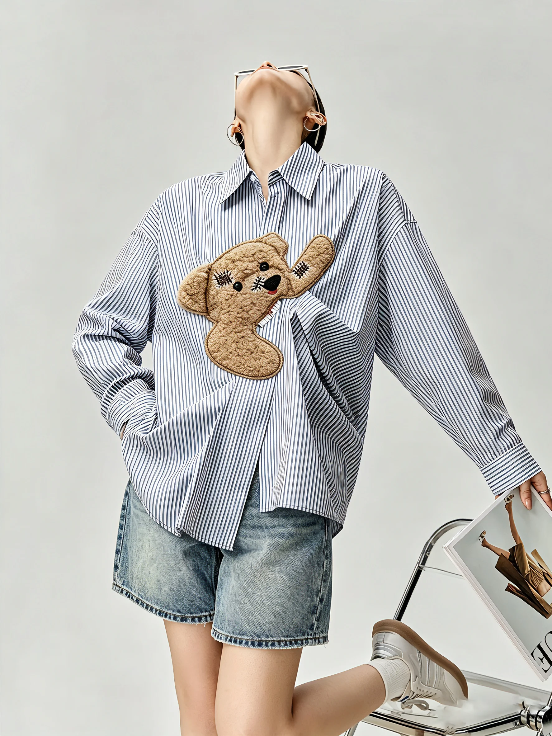 

Blue Bear Embroidered Striped Loose Collar Pleated Long Sleeve Shirt Beautiful Unique Top Summer New Arrival Women's Casual S...