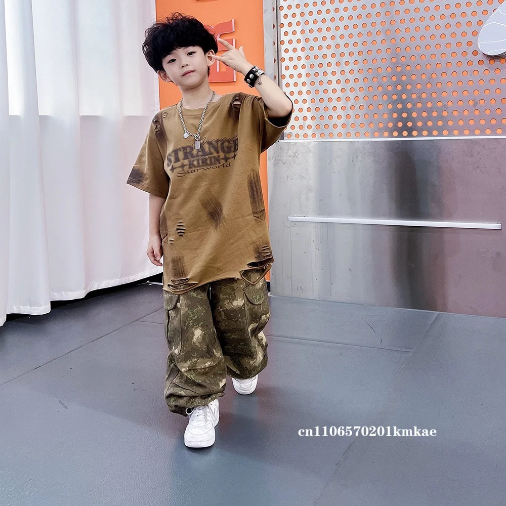 New Kids Hip Hop Clothing Boys Baggy T Shirt Short Sleeves Khaki Cargo Pants Streent Dance Outfits Girls Jazz Dance Suit view 3
