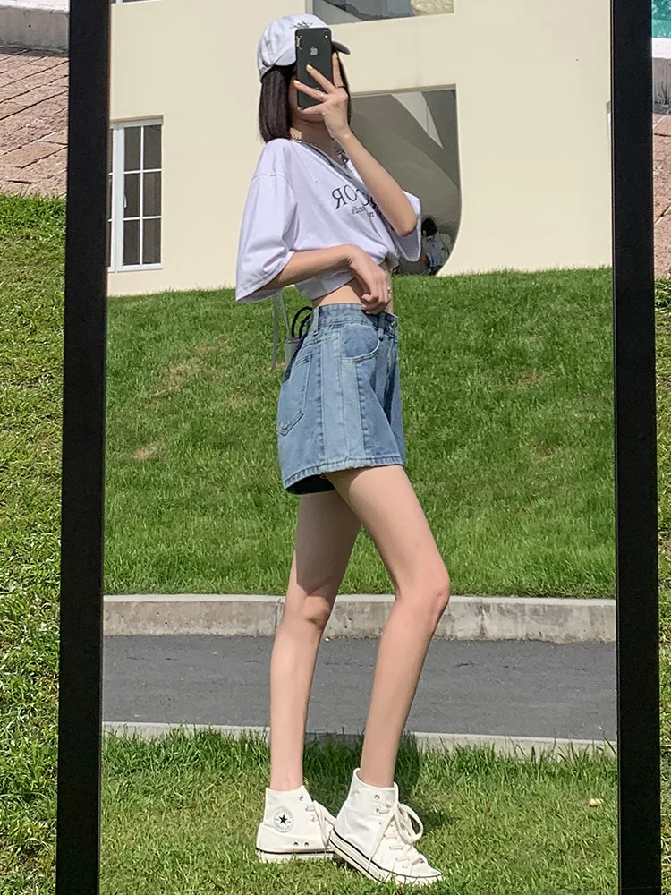 High-Waist Patchwork Denim Shorts für Damen – Sommerliche, dünne, lockere A-Linien-Hotpants in großen Größen mit weitem Bein aus Baumwollmischung, dehnbar