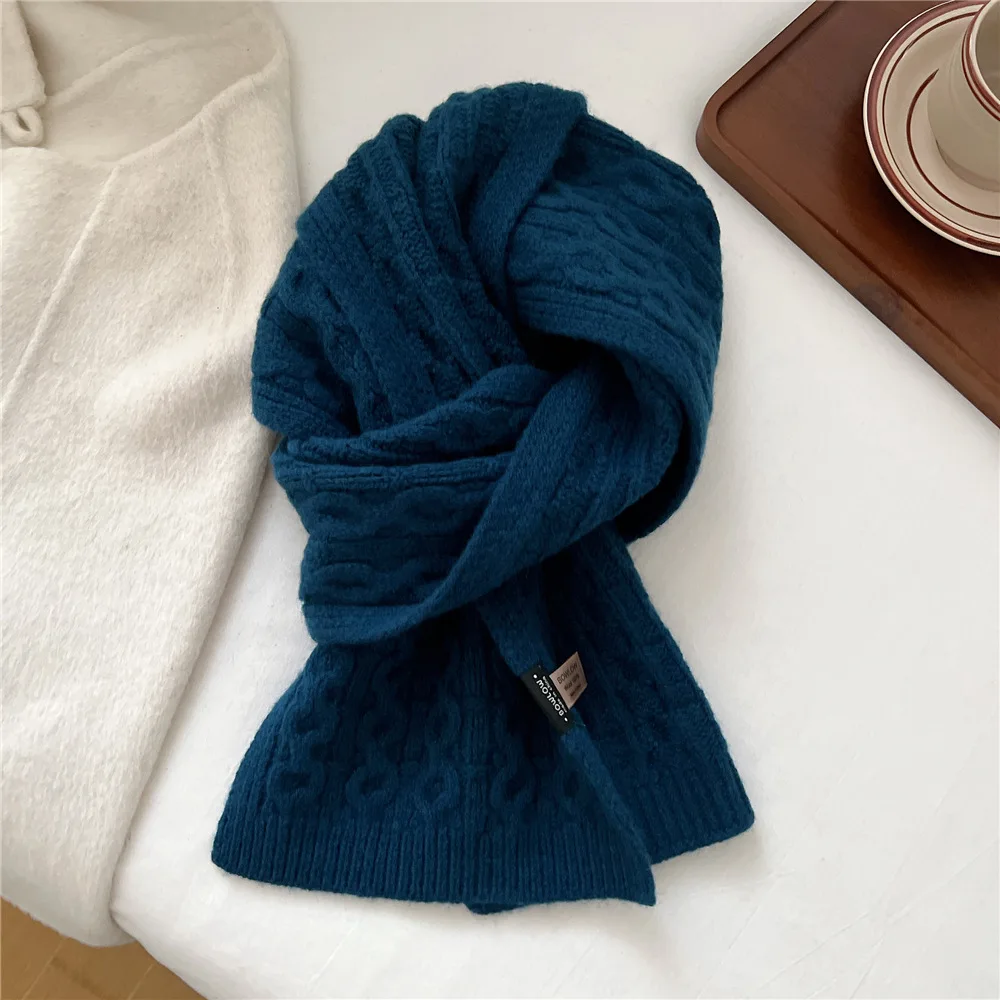 2026 Pure wool scarf Korean fashion green gray orange beige red beige knitted scarf ladies winter cable-knit neck scarves