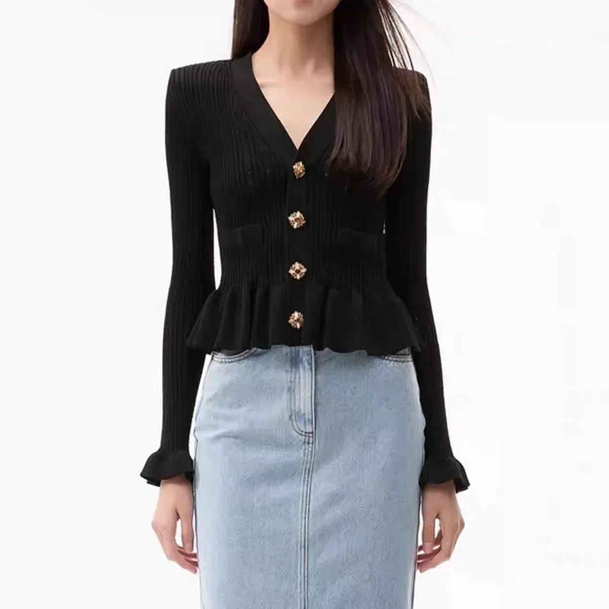 Women Black Shoulder Pad Ruffles Knit Cardigan Gold Buckle V-Neck Slim Fit 2024 Early Autumn Ladies Long Sleeve Knitwear Tops